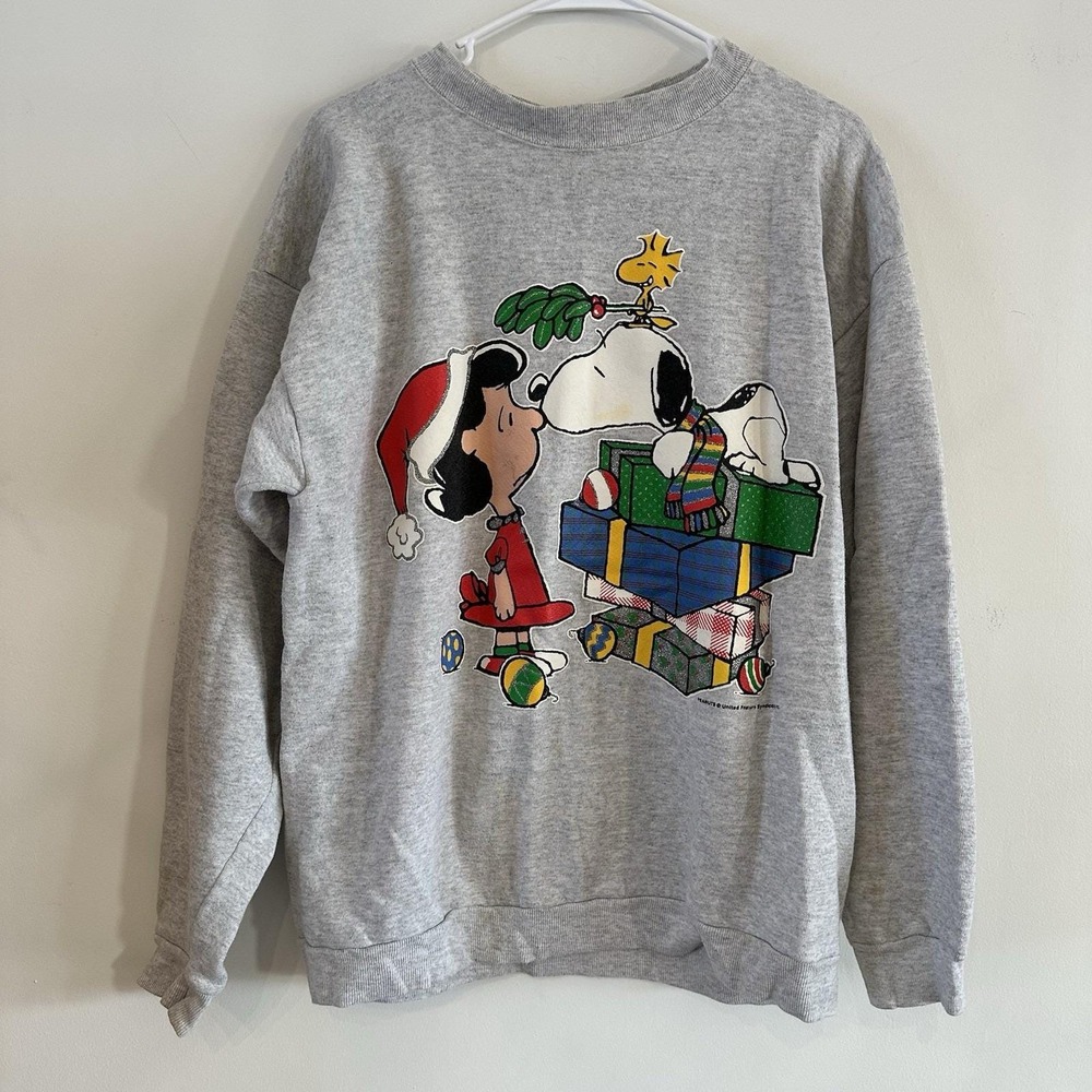 VTG Peanuts Snoopy & Lucy Ugly Christmas Crewneck Sweatshirt 90's XL Gray READ